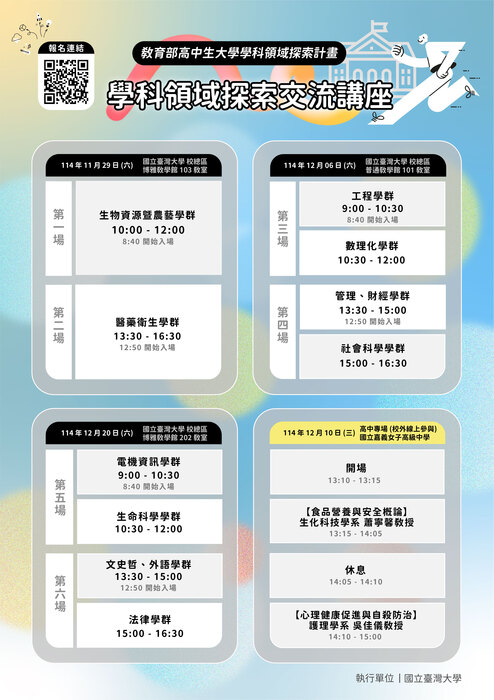 【轉知】國立臺灣大學辦理「大學學科領域探索交流講座」訊息(另開新視窗/jpg檔)圖片