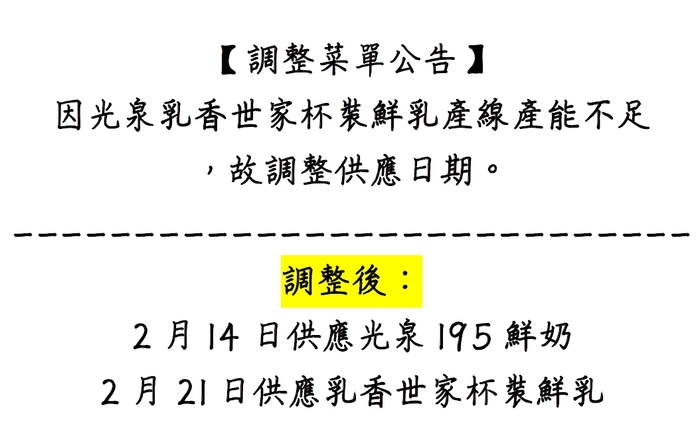 【調整菜單公告】 因光泉乳香世家杯裝鮮乳產線產能不足 ，故調整供應日期。(另開新視窗/jpg檔)圖片